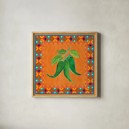 Mucho Caliente IV by Farida Zaman. Shown in a natural wood glass frame for a timeless modern aesthetic. Available as an archival giclee rolled canvas, fine art paper, or poster print. SKU 78252a.