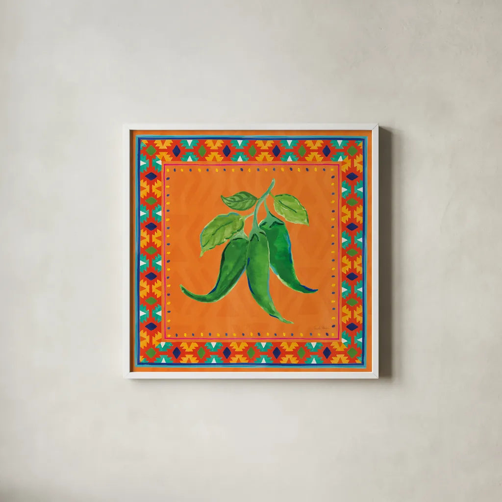 Mucho Caliente IV by Farida Zaman. Shown in a crisp white glass frame for a clean and minimalist style. Available as an archival giclee rolled canvas, fine art paper, or poster print. SKU 78252a.