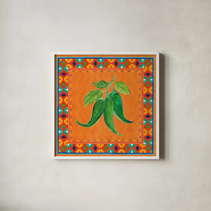 Mucho Caliente IV by Farida Zaman. Shown in a crisp white glass frame for a clean and minimalist style. Available as an archival giclee rolled canvas, fine art paper, or poster print. SKU 78252a.
