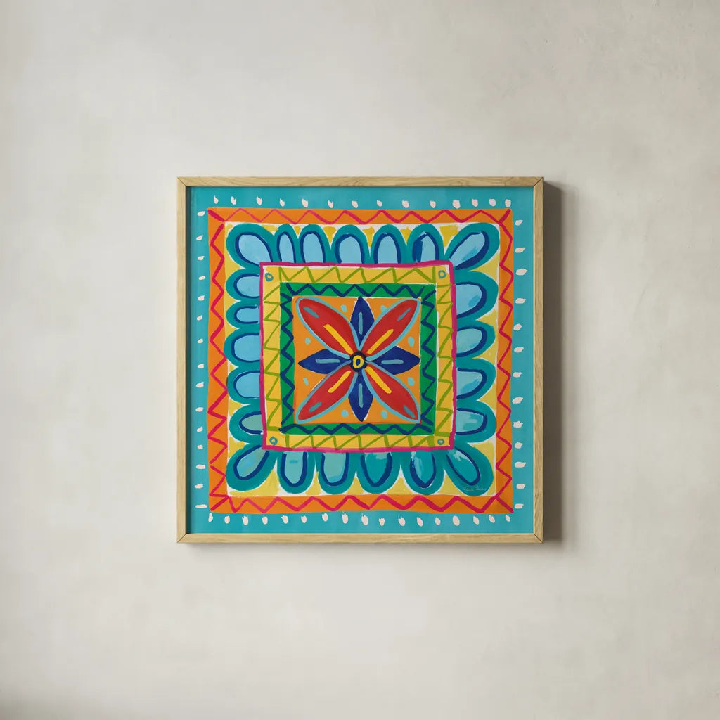 Mucho Caliente IX by Farida Zaman. Shown in a natural wood glass frame for a timeless modern aesthetic. Available as an archival giclee rolled canvas, fine art paper, or poster print. SKU 78257a.