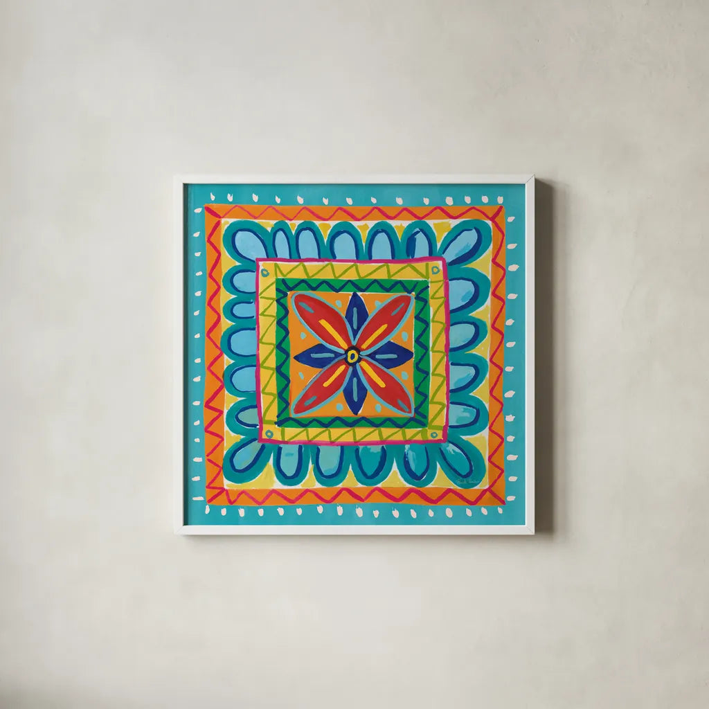 Mucho Caliente IX by Farida Zaman. Shown in a crisp white glass frame for a clean and minimalist style. Available as an archival giclee rolled canvas, fine art paper, or poster print. SKU 78257a.