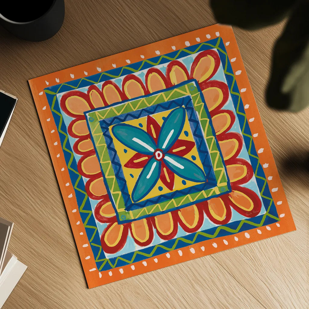 Mucho Caliente IX Orange by Farida Zaman. Shown as a detailed flat fine art print, highlighting archival giclee quality. Available as an archival giclee rolled canvas, fine art paper, or poster print. SKU 79342a.