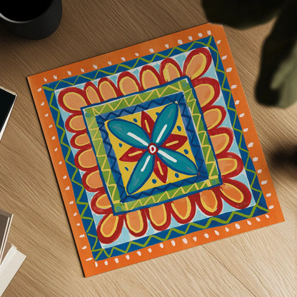 Mucho Caliente IX Orange by Farida Zaman. Shown as a detailed flat fine art print, highlighting archival giclee quality. Available as an archival giclee rolled canvas, fine art paper, or poster print. SKU 79342a.