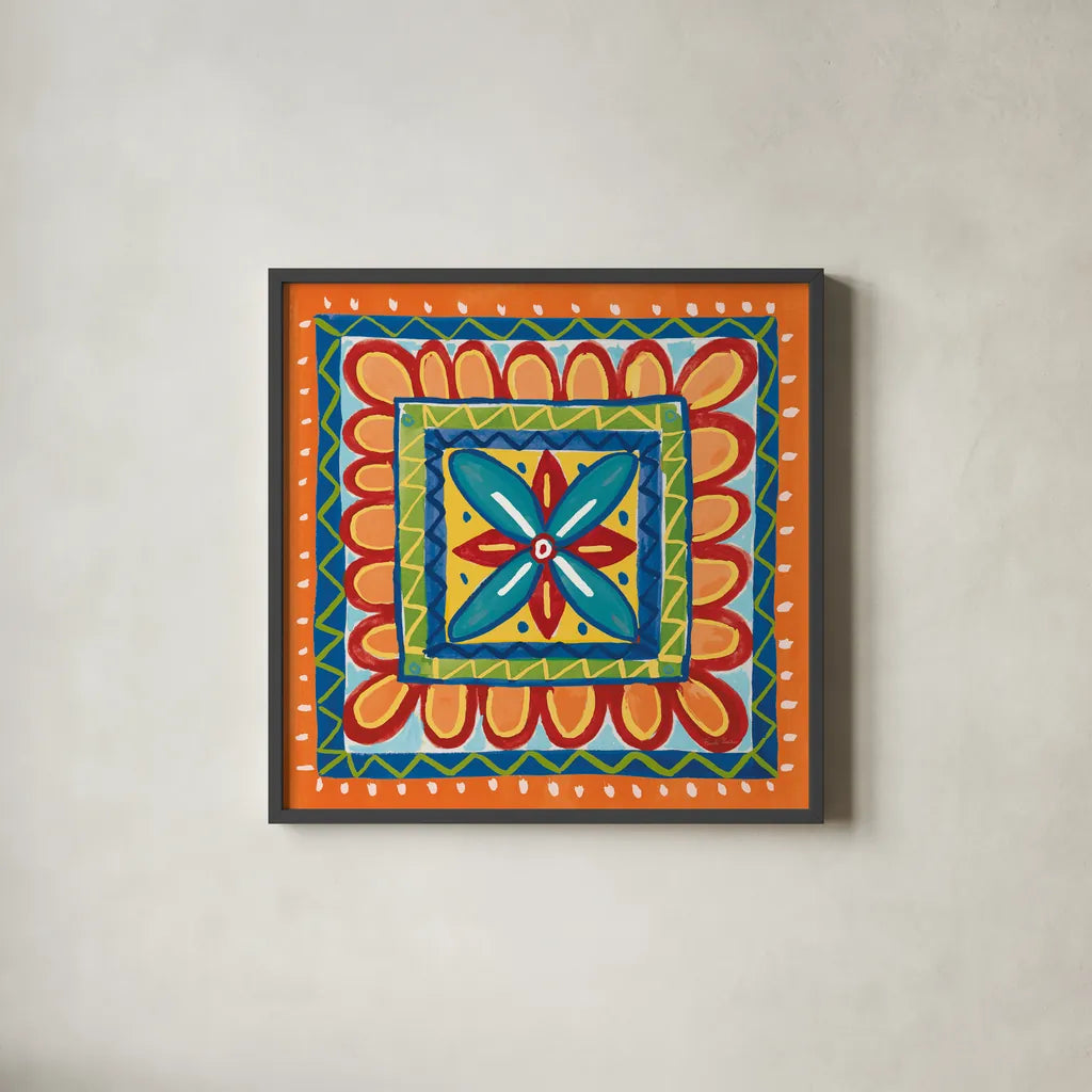 Mucho Caliente IX Orange by Farida Zaman. Shown in a sleek black glass frame for a contemporary gallery look. Available as an archival giclee rolled canvas, fine art paper, or poster print. SKU 79342a.