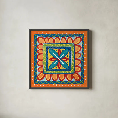 Mucho Caliente IX Orange by Farida Zaman. Shown in a sleek black glass frame for a contemporary gallery look. Available as an archival giclee rolled canvas, fine art paper, or poster print. SKU 79342a.