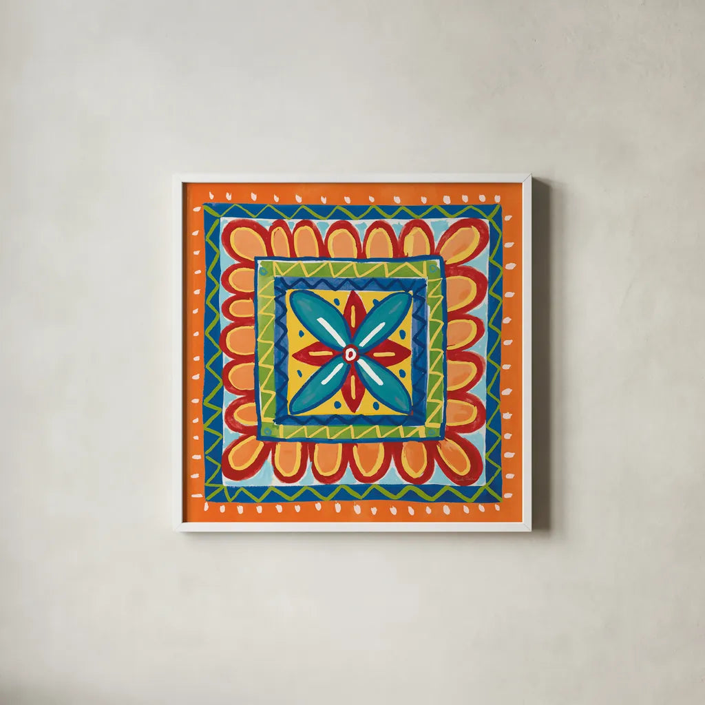 Mucho Caliente IX Orange by Farida Zaman. Shown in a crisp white glass frame for a clean and minimalist style. Available as an archival giclee rolled canvas, fine art paper, or poster print. SKU 79342a.