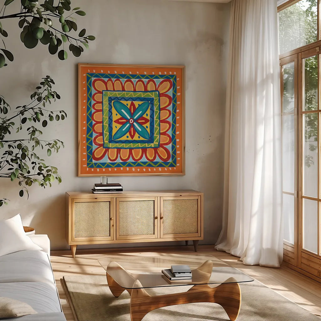 Mucho Caliente IX Orange by Farida Zaman. Shown in a natural wood frame in a cozy modern living room. Available as an archival giclee rolled canvas, fine art paper, or poster print. SKU 79342a.