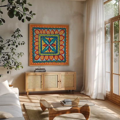 Mucho Caliente IX Orange by Farida Zaman. Shown in a natural wood frame in a cozy modern living room. Available as an archival giclee rolled canvas, fine art paper, or poster print. SKU 79342a.