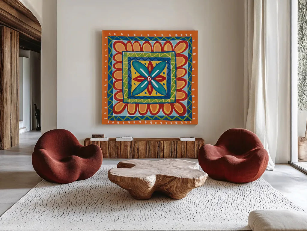 Mucho Caliente IX Orange by Farida Zaman. Shown as extra-large giant wall art in a modern living room. Available as an archival giclee rolled canvas, fine art paper, or poster print. SKU 79342a.