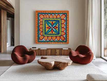 Mucho Caliente IX Orange by Farida Zaman. Shown as extra-large giant wall art in a modern living room. Available as an archival giclee rolled canvas, fine art paper, or poster print. SKU 79342a.