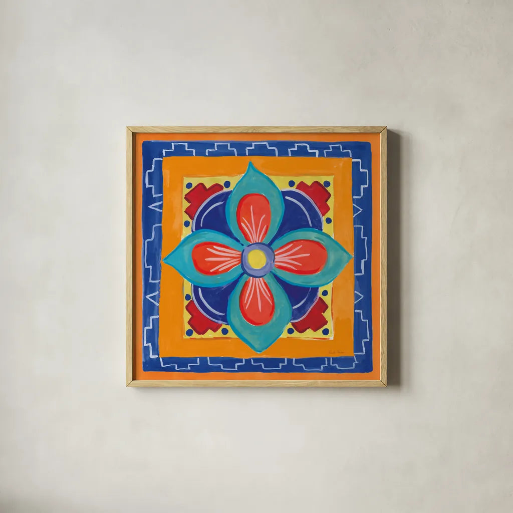 Mucho Caliente VI by Farida Zaman. Shown in a natural wood glass frame for a timeless modern aesthetic. Available as an archival giclee rolled canvas, fine art paper, or poster print. SKU 78254a.