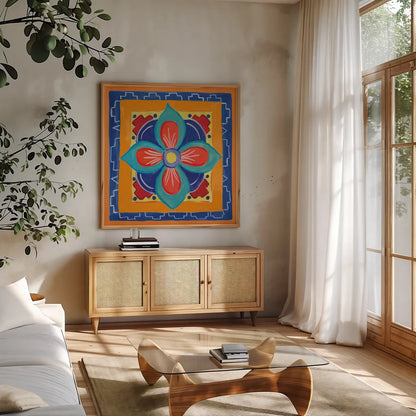 Mucho Caliente VI by Farida Zaman. Shown in a natural wood frame in a cozy modern living room. Available as an archival giclee rolled canvas, fine art paper, or poster print. SKU 78254a.