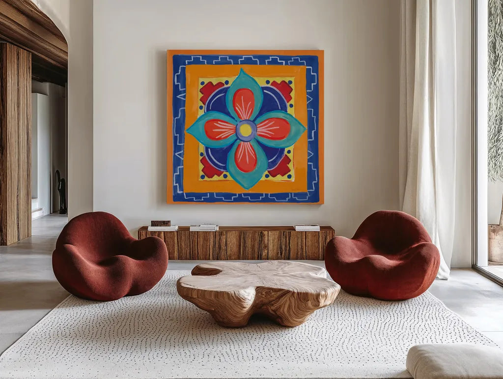 Mucho Caliente VI by Farida Zaman. Shown as extra-large giant wall art in a modern living room. Available as an archival giclee rolled canvas, fine art paper, or poster print. SKU 78254a.