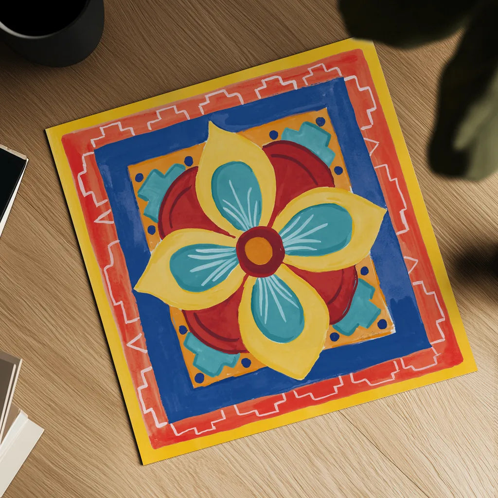 Mucho Caliente VI Bright by Farida Zaman. Shown as a detailed flat fine art print, highlighting archival giclee quality. Available as an archival giclee rolled canvas, fine art paper, or poster print. SKU 79339a.