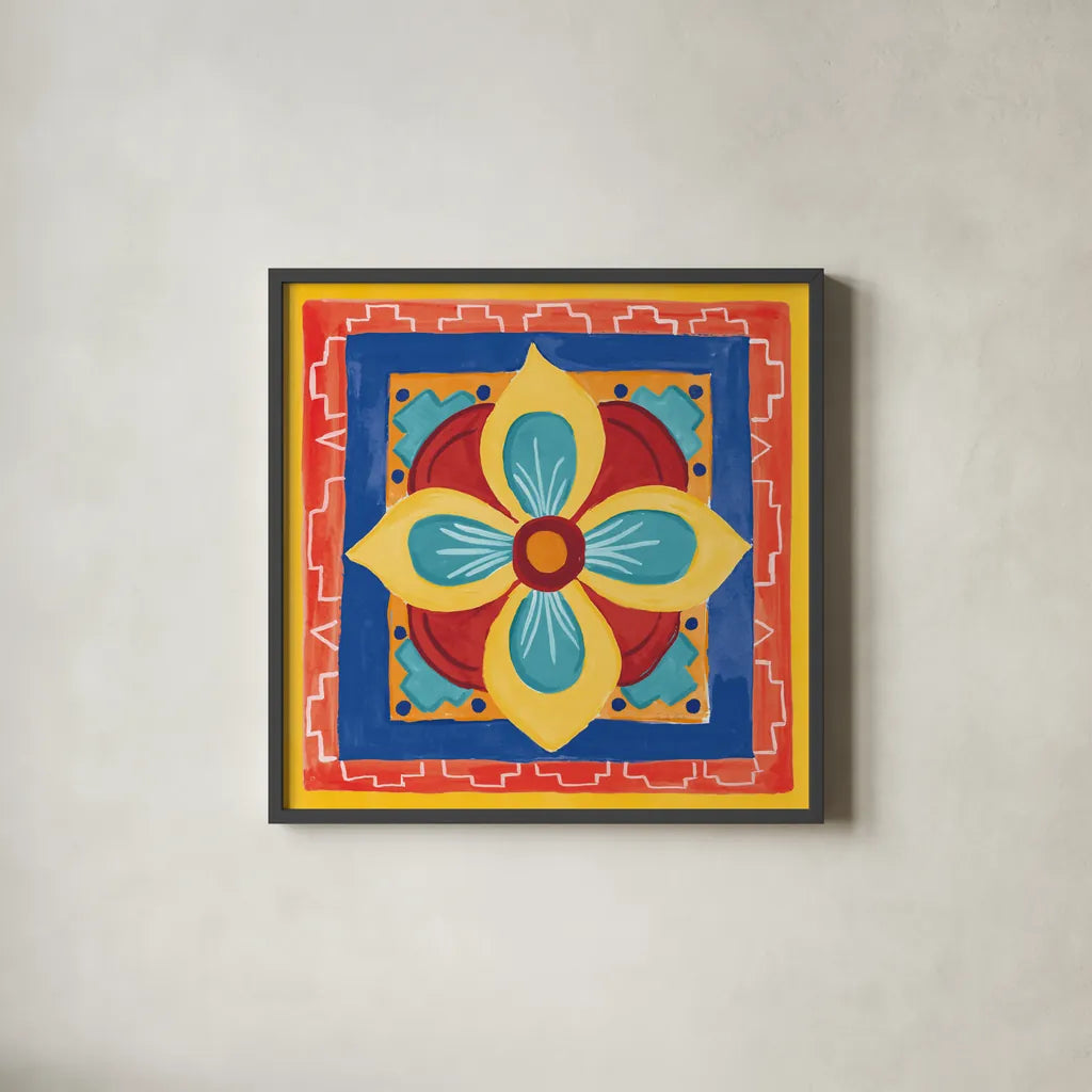 Mucho Caliente VI Bright by Farida Zaman. Shown in a sleek black glass frame for a contemporary gallery look. Available as an archival giclee rolled canvas, fine art paper, or poster print. SKU 79339a.