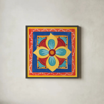 Mucho Caliente VI Bright by Farida Zaman. Shown in a sleek black glass frame for a contemporary gallery look. Available as an archival giclee rolled canvas, fine art paper, or poster print. SKU 79339a.