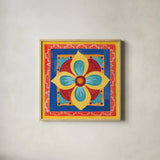 Mucho Caliente VI Bright by Farida Zaman. Shown in a natural wood glass frame for a timeless modern aesthetic. Available as an archival giclee rolled canvas, fine art paper, or poster print. SKU 79339a.