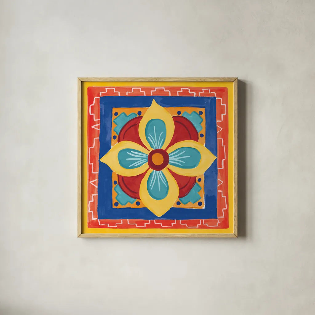 Mucho Caliente VI Bright by Farida Zaman. Shown in a natural wood glass frame for a timeless modern aesthetic. Available as an archival giclee rolled canvas, fine art paper, or poster print. SKU 79339a.