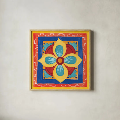 Mucho Caliente VI Bright by Farida Zaman. Shown in a natural wood glass frame for a timeless modern aesthetic. Available as an archival giclee rolled canvas, fine art paper, or poster print. SKU 79339a.