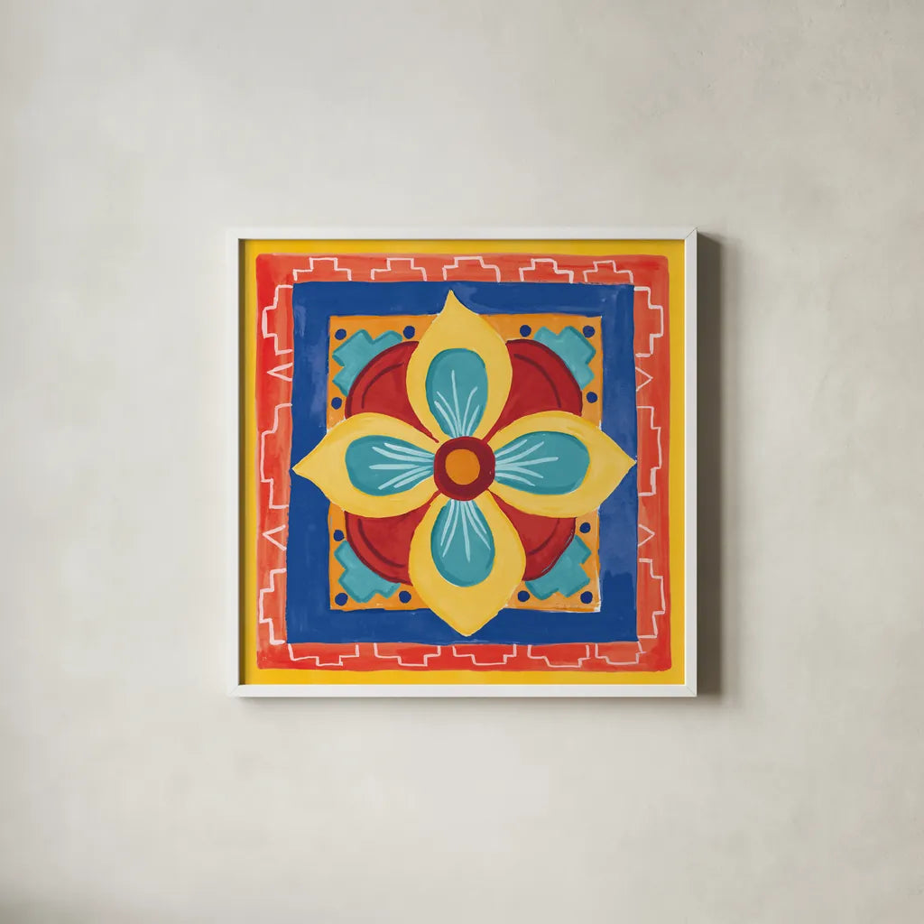 Mucho Caliente VI Bright by Farida Zaman. Shown in a crisp white glass frame for a clean and minimalist style. Available as an archival giclee rolled canvas, fine art paper, or poster print. SKU 79339a.