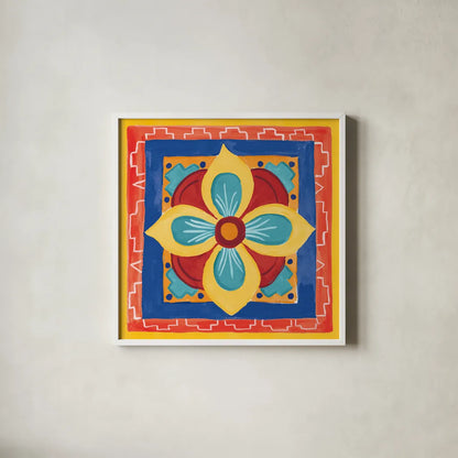 Mucho Caliente VI Bright by Farida Zaman. Shown in a crisp white glass frame for a clean and minimalist style. Available as an archival giclee rolled canvas, fine art paper, or poster print. SKU 79339a.