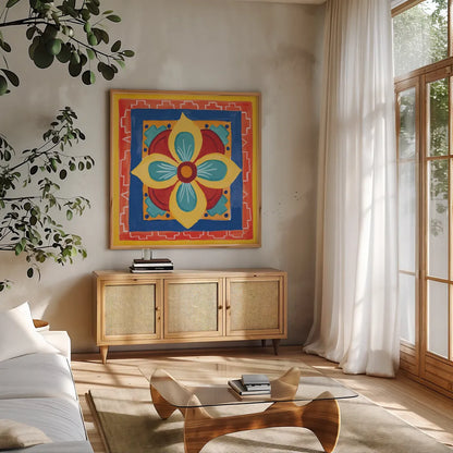 Mucho Caliente VI Bright by Farida Zaman. Shown in a natural wood frame in a cozy modern living room. Available as an archival giclee rolled canvas, fine art paper, or poster print. SKU 79339a.