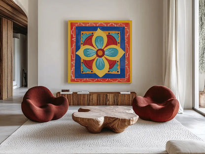 Mucho Caliente VI Bright by Farida Zaman. Shown as extra-large giant wall art in a modern living room. Available as an archival giclee rolled canvas, fine art paper, or poster print. SKU 79339a.