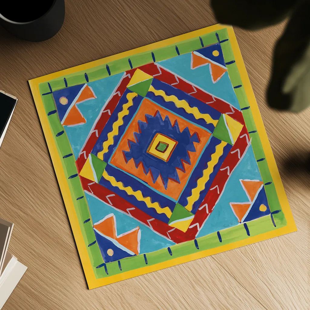 Mucho Caliente VII Blue by Farida Zaman. Shown as a detailed flat fine art print, highlighting archival giclee quality. Available as an archival giclee rolled canvas, fine art paper, or poster print. SKU 79340a.