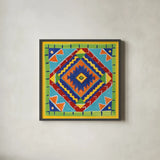 Mucho Caliente VII Blue by Farida Zaman. Shown in a sleek black glass frame for a contemporary gallery look. Available as an archival giclee rolled canvas, fine art paper, or poster print. SKU 79340a.