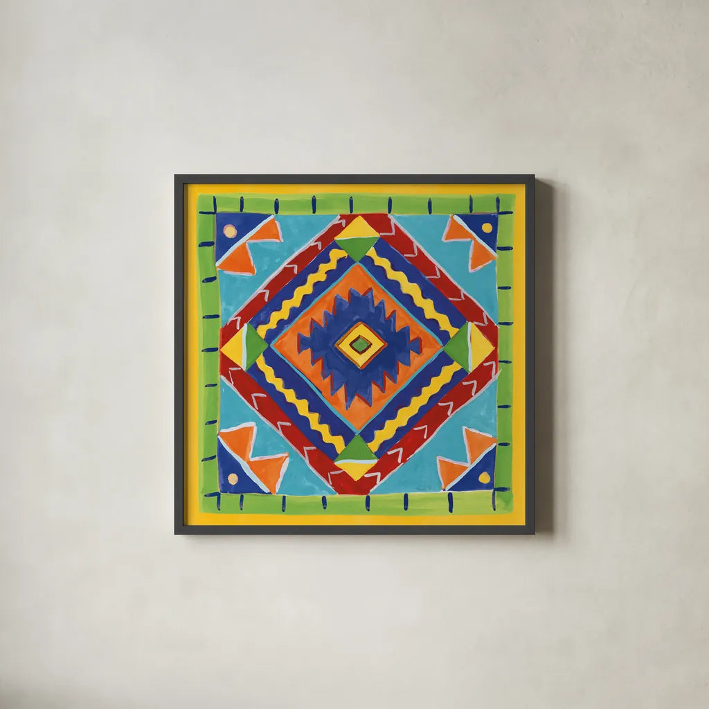 Mucho Caliente VII Blue by Farida Zaman. Shown in a sleek black glass frame for a contemporary gallery look. Available as an archival giclee rolled canvas, fine art paper, or poster print. SKU 79340a.