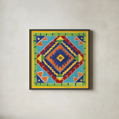 Mucho Caliente VII Blue by Farida Zaman. Shown in a sleek black glass frame for a contemporary gallery look. Available as an archival giclee rolled canvas, fine art paper, or poster print. SKU 79340a.