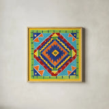 Mucho Caliente VII Blue by Farida Zaman. Shown in a natural wood glass frame for a timeless modern aesthetic. Available as an archival giclee rolled canvas, fine art paper, or poster print. SKU 79340a.
