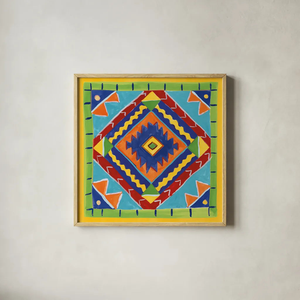 Mucho Caliente VII Blue by Farida Zaman. Shown in a natural wood glass frame for a timeless modern aesthetic. Available as an archival giclee rolled canvas, fine art paper, or poster print. SKU 79340a.