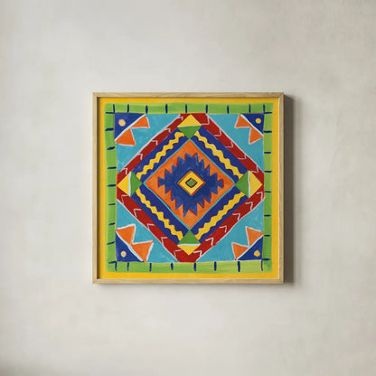 Mucho Caliente VII Blue by Farida Zaman. Shown in a natural wood glass frame for a timeless modern aesthetic. Available as an archival giclee rolled canvas, fine art paper, or poster print. SKU 79340a.