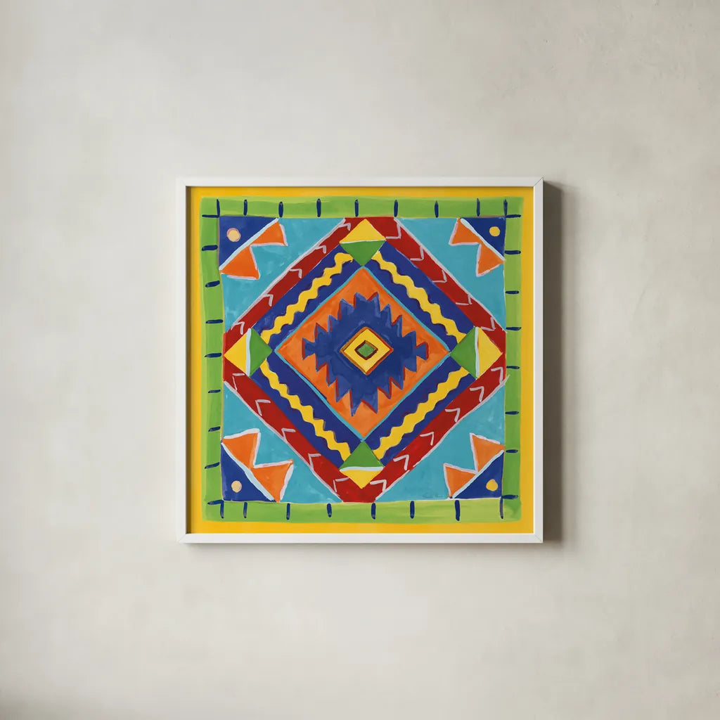 Mucho Caliente VII Blue by Farida Zaman. Shown in a crisp white glass frame for a clean and minimalist style. Available as an archival giclee rolled canvas, fine art paper, or poster print. SKU 79340a.