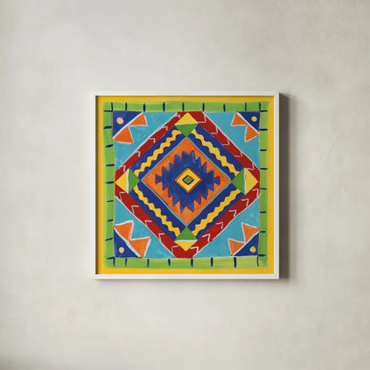 Mucho Caliente VII Blue by Farida Zaman. Shown in a crisp white glass frame for a clean and minimalist style. Available as an archival giclee rolled canvas, fine art paper, or poster print. SKU 79340a.