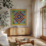 Mucho Caliente VII Blue by Farida Zaman. Shown in a natural wood frame in a cozy modern living room. Available as an archival giclee rolled canvas, fine art paper, or poster print. SKU 79340a.