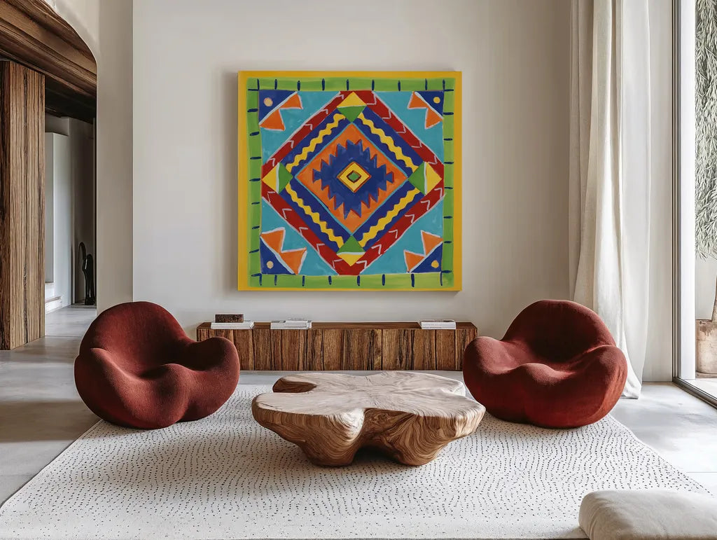 Mucho Caliente VII Blue by Farida Zaman. Shown as extra-large giant wall art in a modern living room. Available as an archival giclee rolled canvas, fine art paper, or poster print. SKU 79340a.