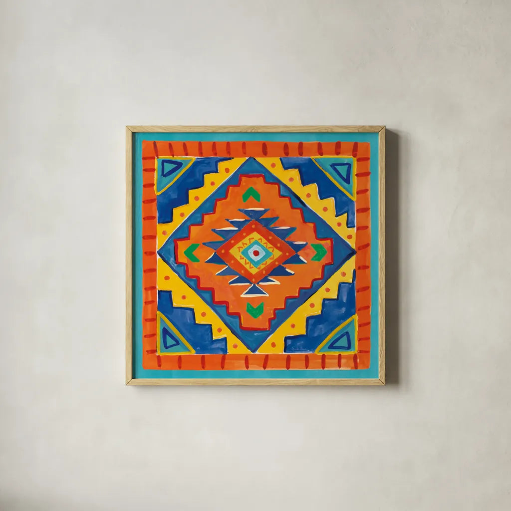 Mucho Caliente VIII by Farida Zaman. Shown in a natural wood glass frame for a timeless modern aesthetic. Available as an archival giclee rolled canvas, fine art paper, or poster print. SKU 78256a.