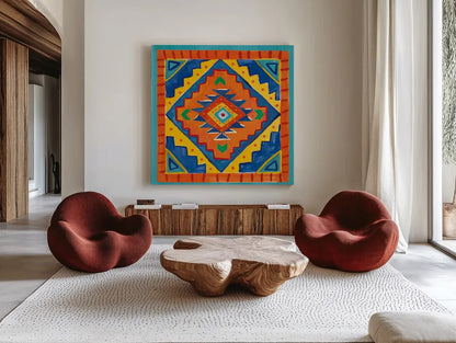 Mucho Caliente VIII by Farida Zaman. Shown as extra-large giant wall art in a modern living room. Available as an archival giclee rolled canvas, fine art paper, or poster print. SKU 78256a.