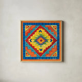 Mucho Caliente VIII Yellow by Farida Zaman. Shown in a natural wood glass frame for a timeless modern aesthetic. Available as an archival giclee rolled canvas, fine art paper, or poster print. SKU 79341a.