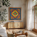 Mucho Caliente VIII Yellow by Farida Zaman. Shown in a natural wood frame in a cozy modern living room. Available as an archival giclee rolled canvas, fine art paper, or poster print. SKU 79341a.