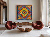 Mucho Caliente VIII Yellow by Farida Zaman. Shown as extra-large giant wall art in a modern living room. Available as an archival giclee rolled canvas, fine art paper, or poster print. SKU 79341a.