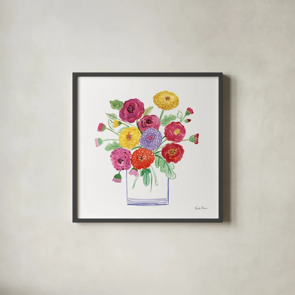 Mums by Farida Zaman. Shown in a sleek black glass frame for a contemporary gallery look. Available as an archival giclee rolled canvas, fine art paper, or poster print. SKU 67309a.