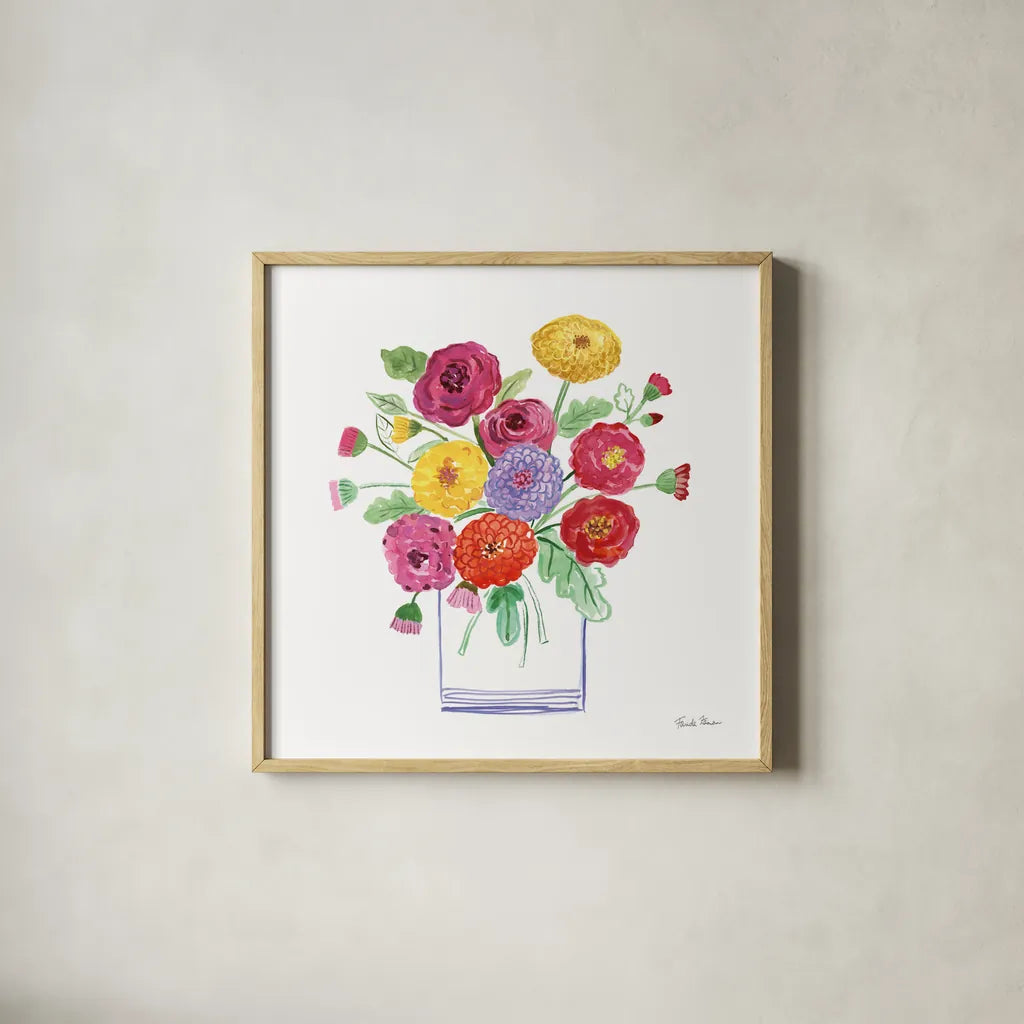 Mums by Farida Zaman. Shown in a natural wood glass frame for a timeless modern aesthetic. Available as an archival giclee rolled canvas, fine art paper, or poster print. SKU 67309a.