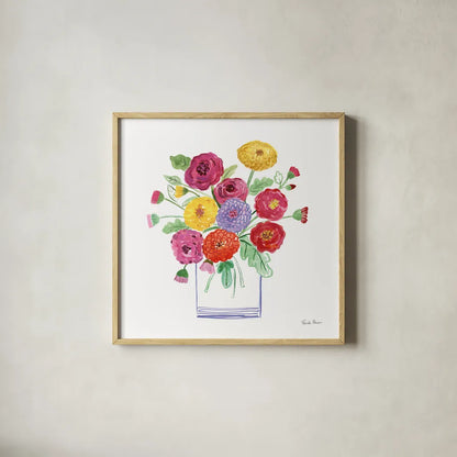 Mums by Farida Zaman. Shown in a natural wood glass frame for a timeless modern aesthetic. Available as an archival giclee rolled canvas, fine art paper, or poster print. SKU 67309a.