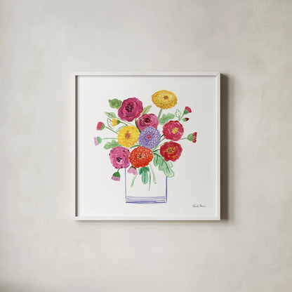 Mums by Farida Zaman. Shown in a crisp white glass frame for a clean and minimalist style. Available as an archival giclee rolled canvas, fine art paper, or poster print. SKU 67309a.