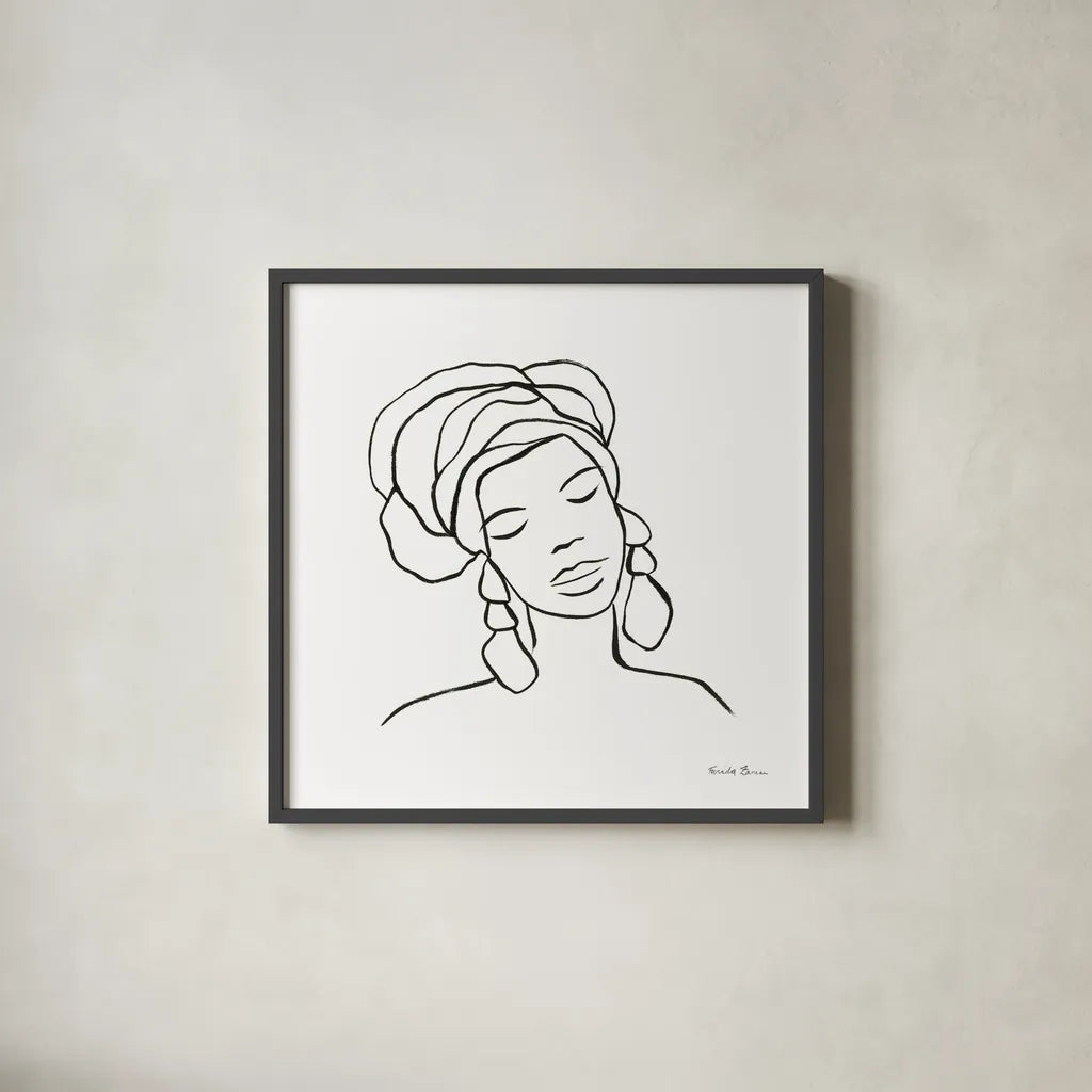 Muse I by Farida Zaman. Shown in a sleek black glass frame for a contemporary gallery look. Available as an archival giclee rolled canvas, fine art paper, or poster print. SKU 68001a.