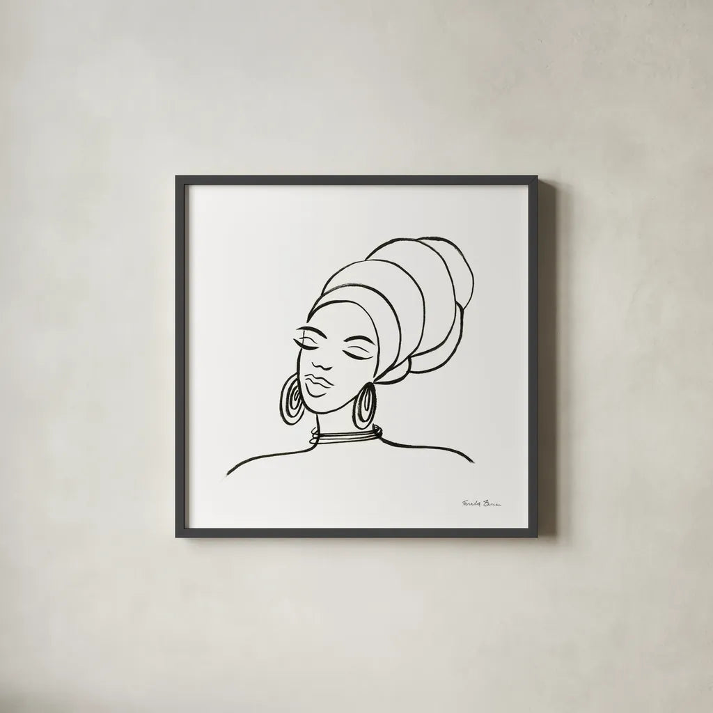 Muse II by Farida Zaman. Shown in a sleek black glass frame for a contemporary gallery look. Available as an archival giclee rolled canvas, fine art paper, or poster print. SKU 68002a.