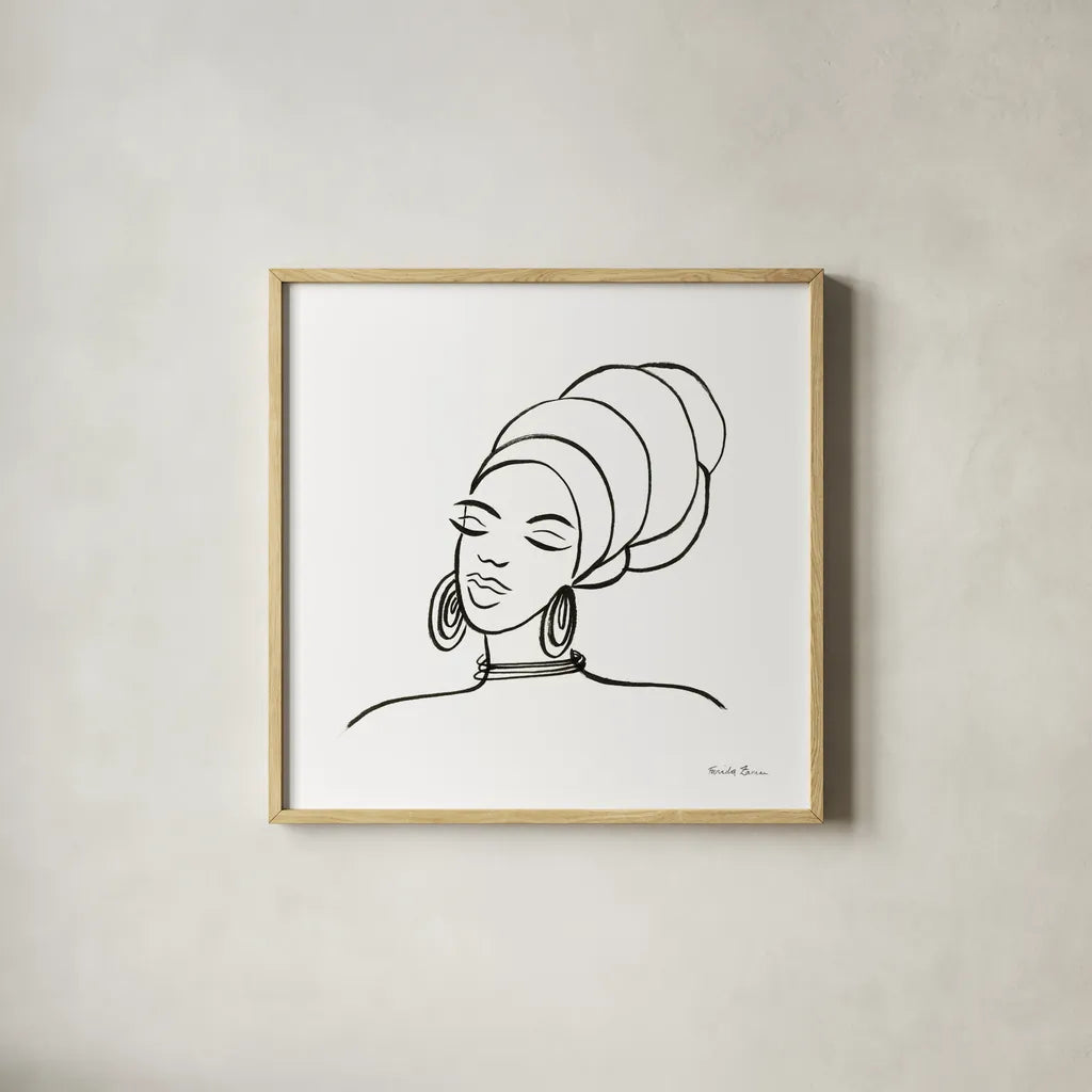 Muse II by Farida Zaman. Shown in a natural wood glass frame for a timeless modern aesthetic. Available as an archival giclee rolled canvas, fine art paper, or poster print. SKU 68002a.